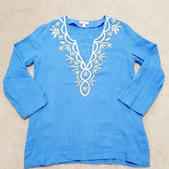 Lilly Pulitzer Linen Tunic Top Blue White Embroidered V-Neck Long Sleeve Size S - Picture 7 of 15